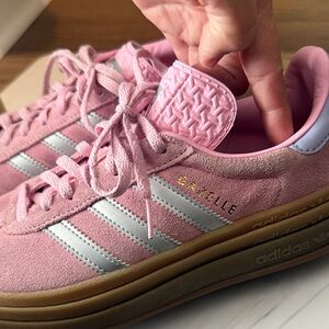 Big kid adidas Pink Suede Sneakers with Silver Stripes and Gum Sole
